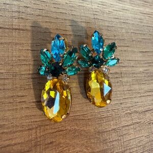 Rhinestone Pineapple Stud Earrings Yellow & Teal Crystal Statement